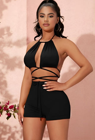 Sexy Halter Two-Piece Wrap Short Set Midnight Wrap - Joly 2166 | Mina Femme - Mina Femme