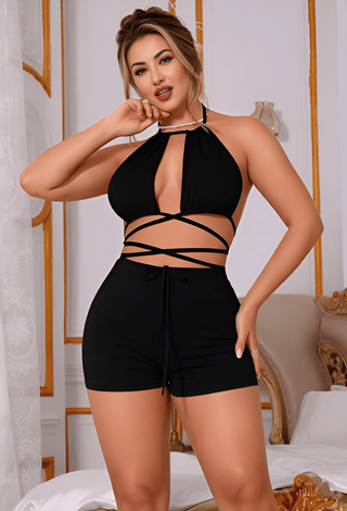 Sexy Halter Two-Piece Wrap Short Set Midnight Wrap - Joly 2166 | Mina Femme - Mina Femme