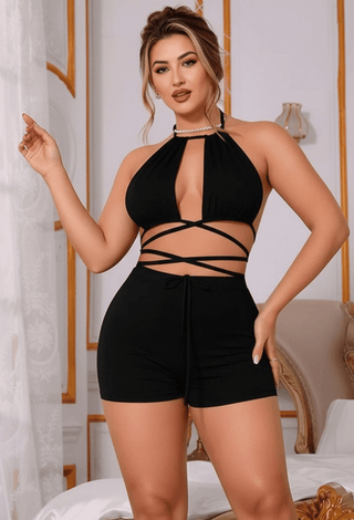 Sexy Halter Two-Piece Wrap Short Set Midnight Wrap - Joly 2166 | Mina Femme - Mina Femme