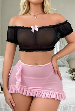 Sheer Tulle Two-Piece Lingerie Set Black & Pink – Off-Shoulder Set - R304 - Mina Femme