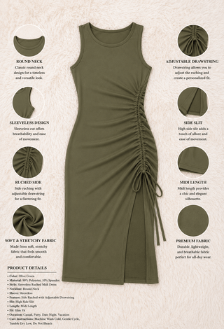 Sleeveless Side Slit Olive Egyptian Cotton Midi Dress - Femme 4060 - Mina Femme