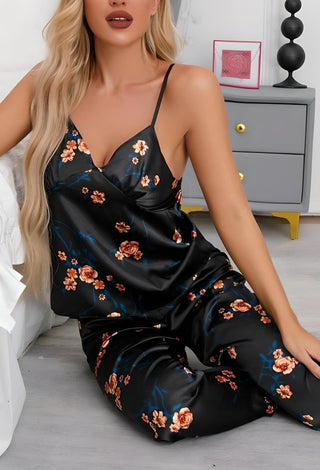 Soft Black Satin Floral Pajama Set - W134 - Mina Femme