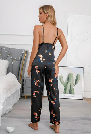 Soft Black Satin Floral Pajama Set - W134 - Mina Femme