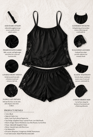 Soft Black Satin Lace Pajama Set - W700 - Mina Femme