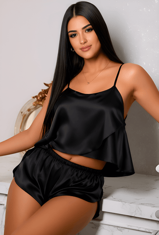 Soft Black Satin Lace Pajama Set - W700 - Mina Femme