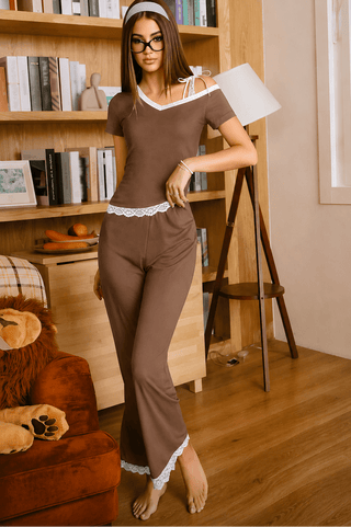 Soft Lace Trim Blue Egyptian Cotton Pajama Set - Femme 4065 - Mina Femme