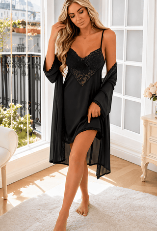 Soft Pink 2-Piece Lace Babydoll & Chiffon Robe Set | Mina Femme - R374 - Mina Femme
