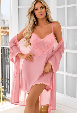Soft Pink 2-Piece Lace Babydoll & Chiffon Robe Set | Mina Femme - R374 - Mina Femme