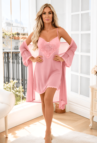 Soft Pink 2-Piece Lace Babydoll & Chiffon Robe Set | Mina Femme - R374 - Mina Femme