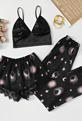 Soft Printed Black Satin 3-Piece Pajama Set - W036 - Mina Femme