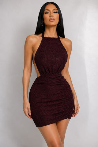 Sparkle Red Glitter Bodycon Mini Dress Halter Neck - EVE - F132 - Mina Femme