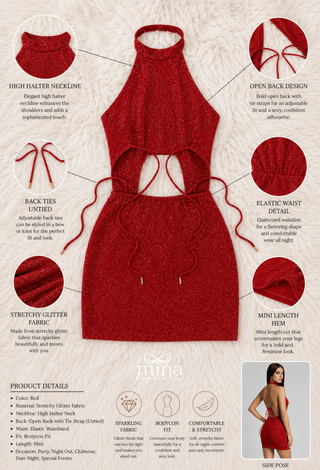 Sparkle Red Glitter Bodycon Mini Dress Halter Neck - EVE - F132 - Mina Femme