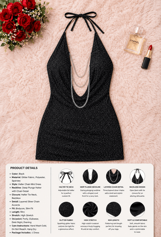 Sparkly Black Glitter Halter Mini Dress with Chain - Eve - F134 - Mina Femme
