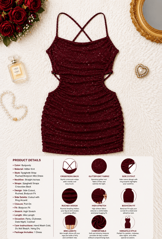 Sparkly Bodycon Burgundy Glitter Mini Party Dress - Eve -F130 - Mina Femme