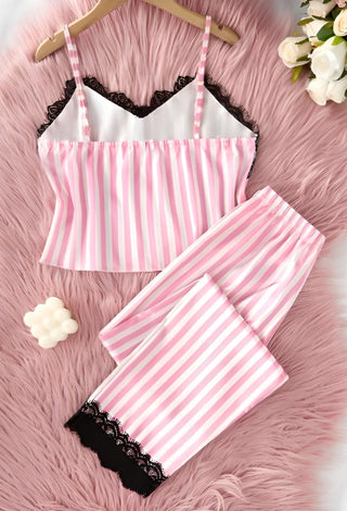 Striped Pink Satin Pajama Set - W603 | Mina Femme - Mina Femme