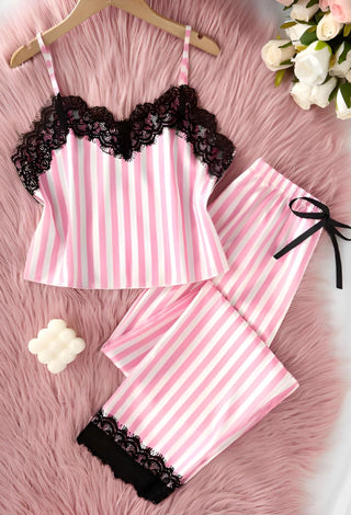 Striped Pink Satin Pajama Set - W603 | Mina Femme - Mina Femme