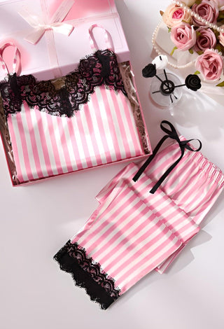 Striped Pink Satin Pajama Set - W603 | Mina Femme - Mina Femme