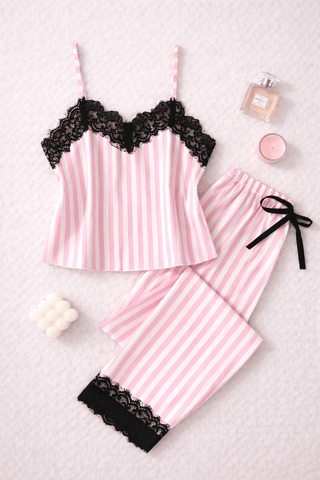 Striped Pink Satin Pajama Set - W603 | Mina Femme - Mina Femme
