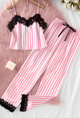 Striped Pink Satin Pajama Set - W603 | Mina Femme - Mina Femme