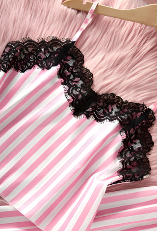 Striped Pink Satin Pajama Set - W603 | Mina Femme - Mina Femme