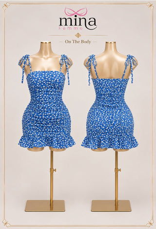 Summer Blue Floral Bodycon Mini Dress Butter Fabric - Joly 2046 - Mina Femme