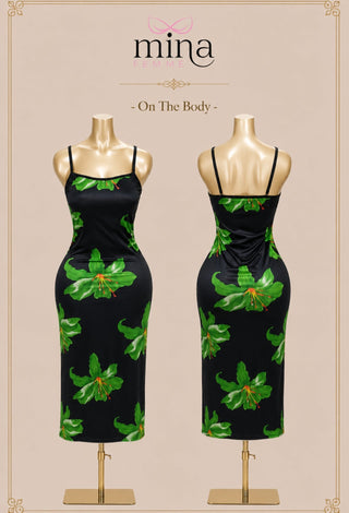 Tropical Noir Printed Butter Fabric Maxi Dress - JOLY 2421 - Mina Femme