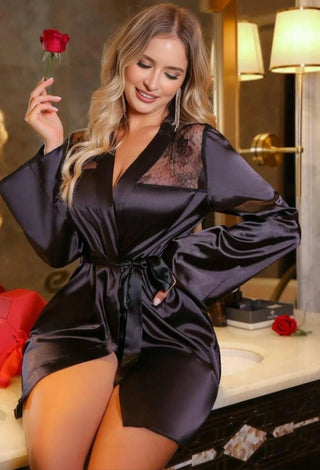 W531 Women's short satin with lace robe - Mina Femme