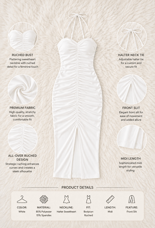 White Butter Fabric Ruched Midi Dress with Side Slit - Joly 2251 - Mina Femme