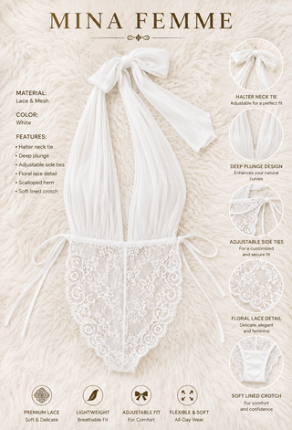 White Sheer Halter Lace Bodysuit for Women | Bridal Lingerie – R241 - Mina Femme