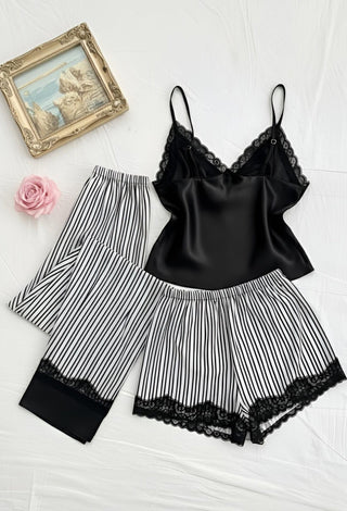 Women Satin Pajama Set 3 Piece Black Lace Trim Sleepwear - W631 - Mina Femme