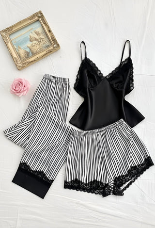 Women Satin Pajama Set 3 Piece Black Lace Trim Sleepwear - W631 - Mina Femme