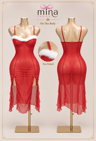Women’s Christmas Red Tulle Lingerie Dress with Faux Fur Trim – One Piece - Ch 156 | Mina Femme - Mina Femme