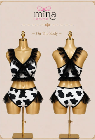 Women’s Cow Print Ruffle Lingerie Set – 2 Piece Butter Fabric Top & Shorts - Joly 2200 - Mina Femme