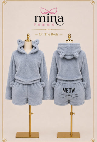 Women’s Cozy Polar Fleece Bear Ear Hooded Pajama Set with Shorts - Snow 3865 - Mina Femme