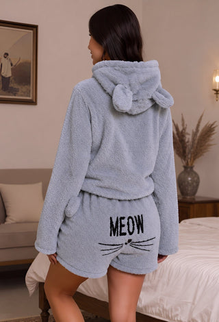 Women’s Cozy Polar Fleece Bear Ear Hooded Pajama Set with Shorts - Snow 3865 - Mina Femme