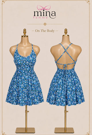 Women’s Floral Fit & Flare Mini Dress with Cross Back Straps - x500 - Mina Femme