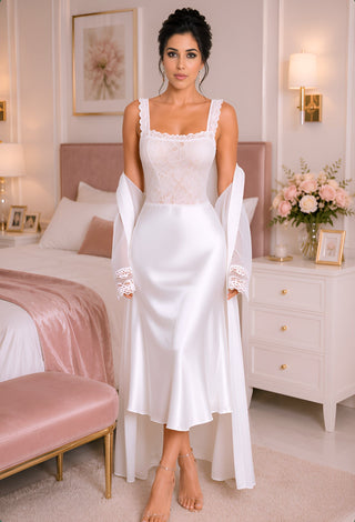 Women’s Ivory Satin Bridal Sleepwear Set – Lace Detail - W585 - Mina Femme