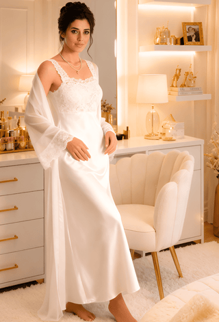 Women’s Ivory Satin Bridal Sleepwear Set – Lace Detail - W585 | Mina Femme - Mina Femme