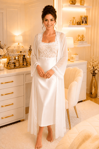 Women’s Ivory Satin Bridal Sleepwear Set – Lace Detail - W585 | Mina Femme - Mina Femme