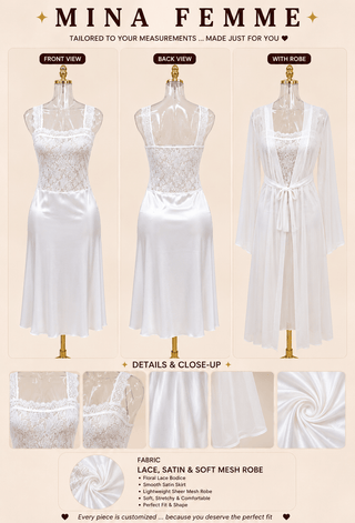 Women’s Ivory Satin Bridal Sleepwear Set – Lace Detail - W585 | Mina Femme - Mina Femme