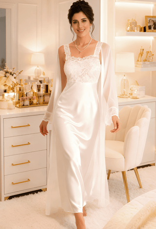 Women’s Ivory Satin Bridal Sleepwear Set – Lace Detail - W585 | Mina Femme - Mina Femme