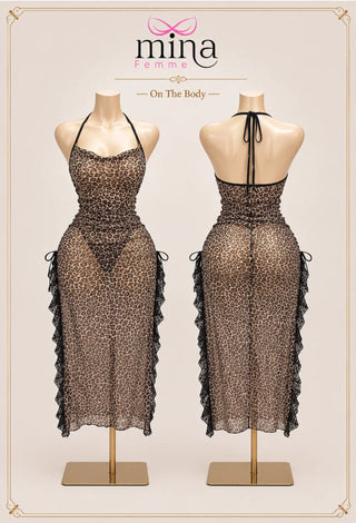 Women's Leopard Print Sheer Tulle Lingerie Dress with Lace Ruffles - EVE 7052 - Mina Femme