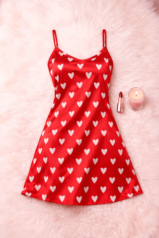 Women’s Red Satin Heart Print Nightdress – Soft Silky Lingerie - W648 | Mina Femme - Mina Femme