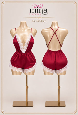 Women’s Red Satin & White Lace Open-Back Lingerie Romper - W486 - Mina Femme