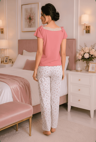 Women's Ribbed Cotton Pajama Set Floral Print - Simple 5171 | Mina Femme - Mina Femme