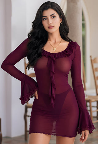 Women’s Sheer Tulle Ruffle Lingerie Mini Dress with Flared Sleeves - R519 - Mina Femme