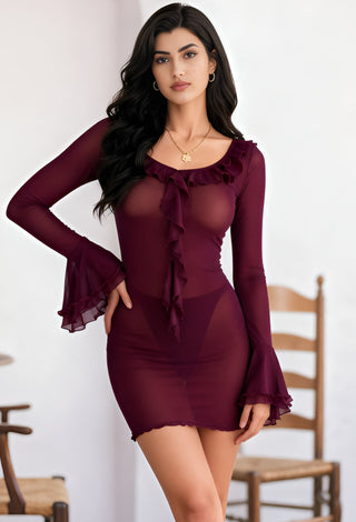 Women’s Sheer Tulle Ruffle Lingerie Mini Dress with Flared Sleeves - R519 - Mina Femme