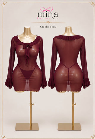 Women’s Sheer Tulle Ruffle Lingerie Mini Dress with Flared Sleeves - R519 - Mina Femme