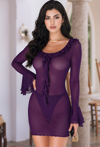 Women’s Sheer Tulle Ruffle Lingerie Mini Dress with Flared Sleeves - R519 - Mina Femme