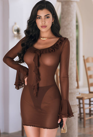 Women’s Sheer Tulle Ruffle Lingerie Mini Dress with Flared Sleeves - R519 - Mina Femme